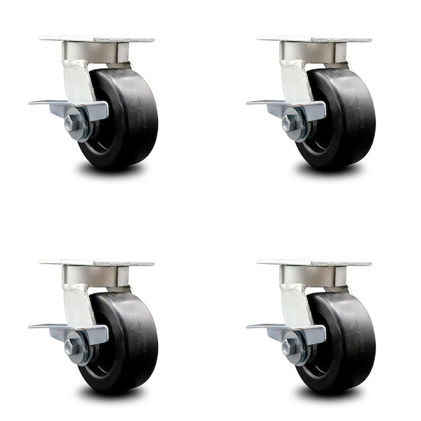 Service Caster 5 Inch Kingpinless Polyolefin Wheel Swivel Caster Set with Brakes SCC-KP30S520-POR-SLB-4 - main